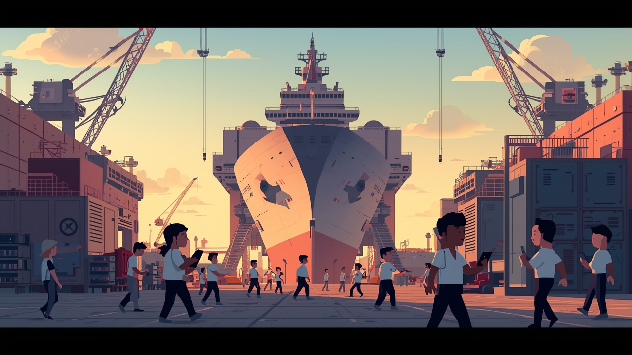 Workers implement AI automation at shipyard